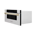 ZLINE Autograph Edition 30 in. 1.2 cu. ft. Built-In Microwave Drawer in Fingerprint Resistant Stainless Steel with Polished Gold Accents (MWDZ-30-SS-G) side, closed.
