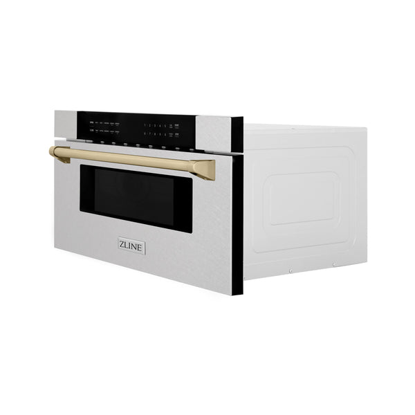 ZLINE Autograph Edition 30 in. 1.2 cu. ft. Built-In Microwave Drawer in Fingerprint Resistant Stainless Steel with Polished Gold Accents (MWDZ-30-SS-G) side, closed.