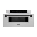 ZLINE Autograph Edition 30 in. 1.2 cu. ft. Built-In Microwave Drawer in Fingerprint Resistant Stainless Steel with Matte Black Accents (MWDZ-30-SS-MB) Front View Drawer Open