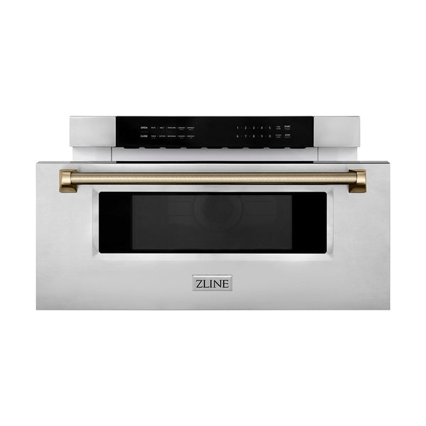 ZLINE Autograph Edition 30 in. 1.2 cu. ft. Built-in Microwave Drawer in Stainless Steel and Champagne Bronze Helix Handle (MWDZ-30-KCB)