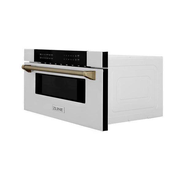 ZLINE Autograph Edition 30 in. 1.2 cu. ft. Built-in Microwave Drawer in Stainless Steel and Champagne Bronze Helix Handle (MWDZ-30-KCB)