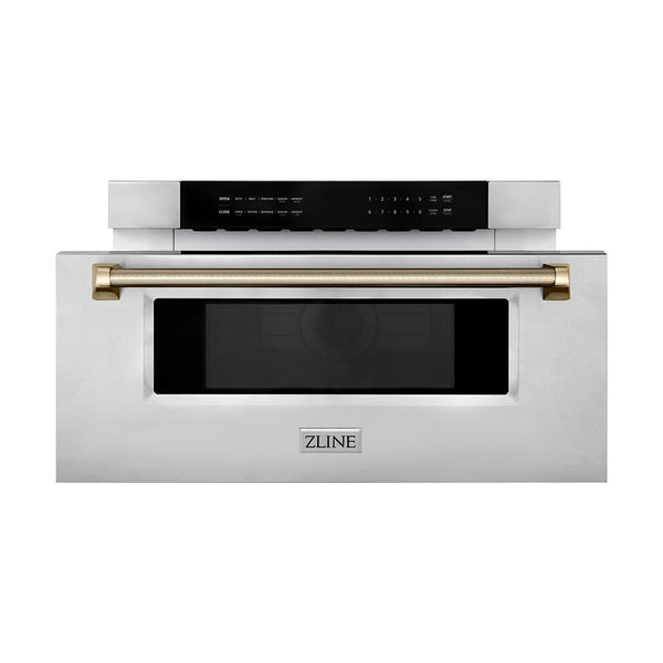 ZLINE Autograph Edition 30 in. 1.2 cu. ft. Built-in Microwave Drawer in Stainless Steel and Polished Gold Helix Handle (MWDZ-30-KG)