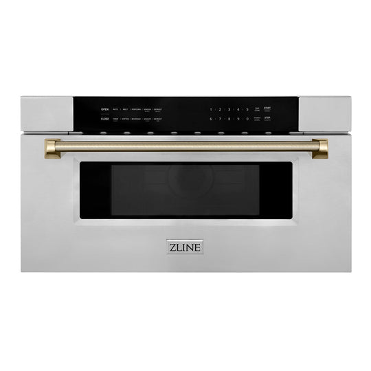 ZLINE Autograph Edition 30 in. 1.2 cu. ft. Built-in Microwave Drawer in Stainless Steel and Polished Gold Helix Handle (MWDZ-30-KG)