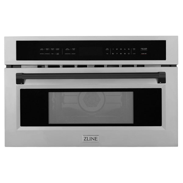 ZLINE Autograph Edition 30 in. 1.6 cu ft. Built-in Convection Microwave Oven in Fingerprint Resistant Stainless Steel with Matte Black Accents (MWOZ-30-SS-MB) front, closed.