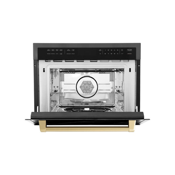 ZLINE Autograph Edition 24 in. 1.6 cu ft. Built-in Convection Microwave Oven in Black Stainless Steel with Champagne Bronze Accents (MWOZ-24-BS-CB) Front View Door open