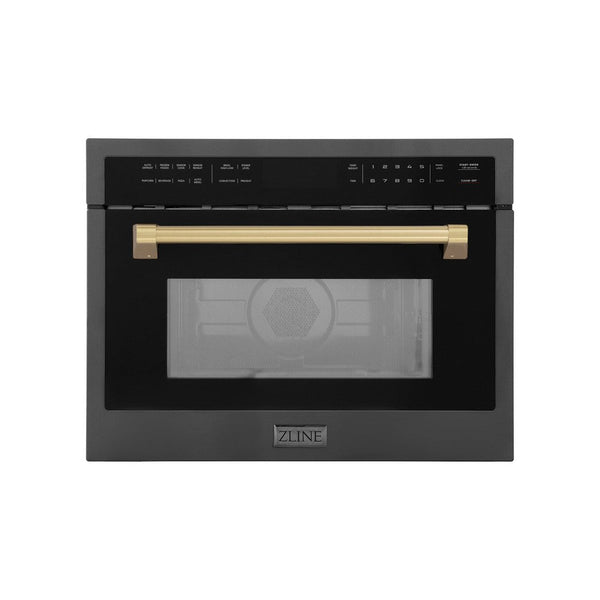 ZLINE Autograph Edition 24 in. 1.6 cu ft. Built-in Convection Microwave Oven in Black Stainless Steel with Champagne Bronze Accents (MWOZ-24-BS-CB) front.