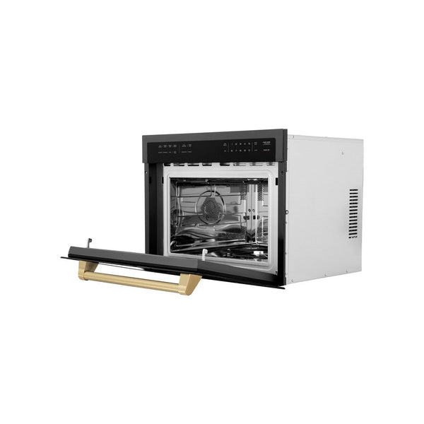 ZLINE Autograph Edition 24 in. 1.6 cu ft. Built-in Convection Microwave Oven in Black Stainless Steel with Champagne Bronze Accents (MWOZ-24-BS-CB) Side View Door Open