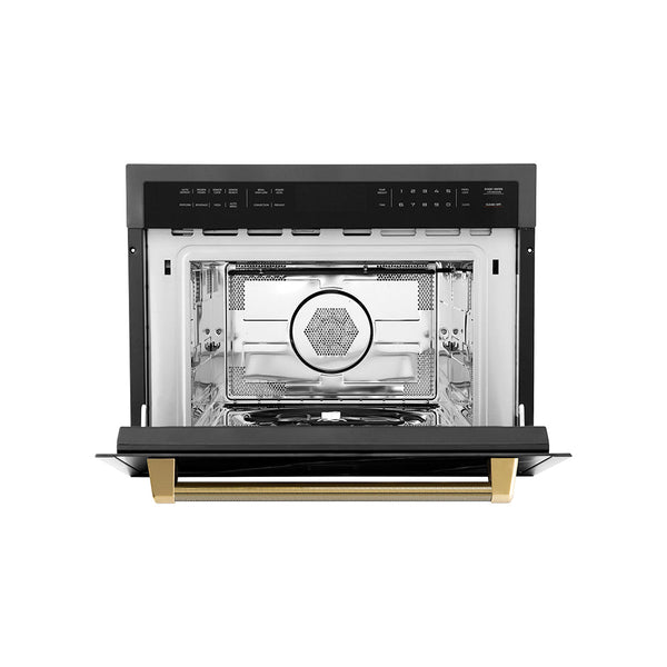 ZLINE Autograph Edition 24 in. 1.6 cu ft. Built-in Convection Microwave Oven in Black Stainless Steel and Polished Gold Helix Handle (MWOZ-24-BS-KG)