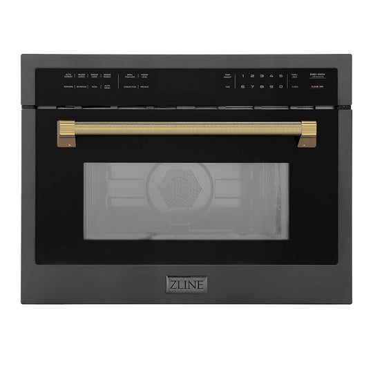ZLINE Autograph Edition 24 in. 1.6 cu ft. Built-in Convection Microwave Oven in Black Stainless Steel and Polished Gold Helix Handle (MWOZ-24-BS-KG)