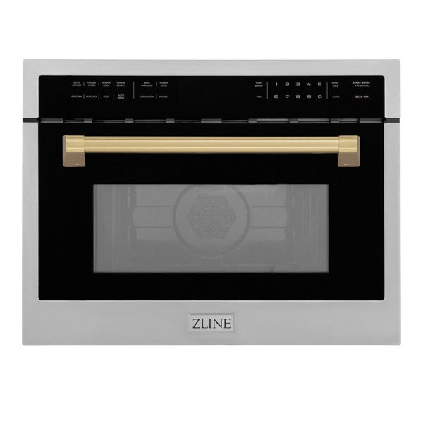 ZLINE Autograph Edition 24 in. 1.6 cu ft. Built-in Convection Microwave Oven in Stainless Steel with Champagne Bronze Accents (MWOZ-24-CB) front, closed.