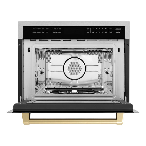 ZLINE Autograph Edition 24 in. 1.6 cu ft. Built-in Convection Microwave Oven in DuraSnow Stainless Steel with Champagne Bronze Accents front with door open.