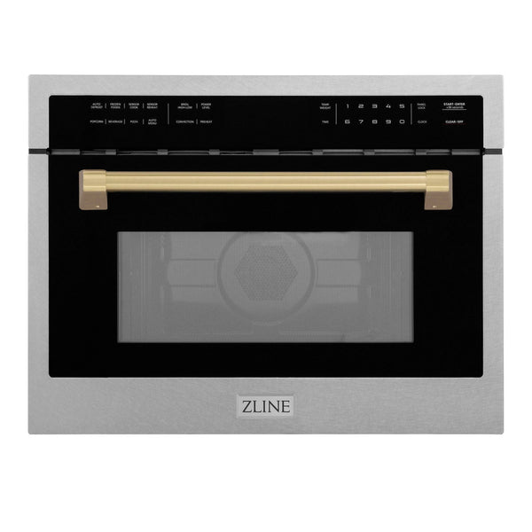 ZLINE Autograph Edition 24 in. 1.6 cu ft. Built-in Convection Microwave Oven in Fingerprint Resistant Stainless Steel with Champagne Bronze Accents (MWOZ-24-SS-CB) front, closed.