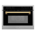 ZLINE Autograph Edition 24 in. 1.6 cu ft. Built-in Convection Microwave Oven in Fingerprint Resistant Stainless Steel with Polished Gold Accents (MWOZ-24-SS-G) front, closed.