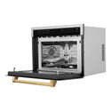 ZLINE Autograph Edition 24 in. 1.6 cu ft. Built-in Convection Microwave Oven in DuraSnow Stainless Steel with Polished Gold Accents side with door open.