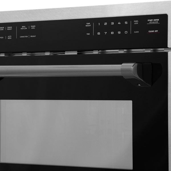 ZLINE Autograph Edition 24 in. 1.6 cu ft. Built-in Convection Microwave Oven in Fingerprint Resistant Stainless Steel with Matte Black Accents (MWOZ-24-SS-MB) close-up, matte black handle.