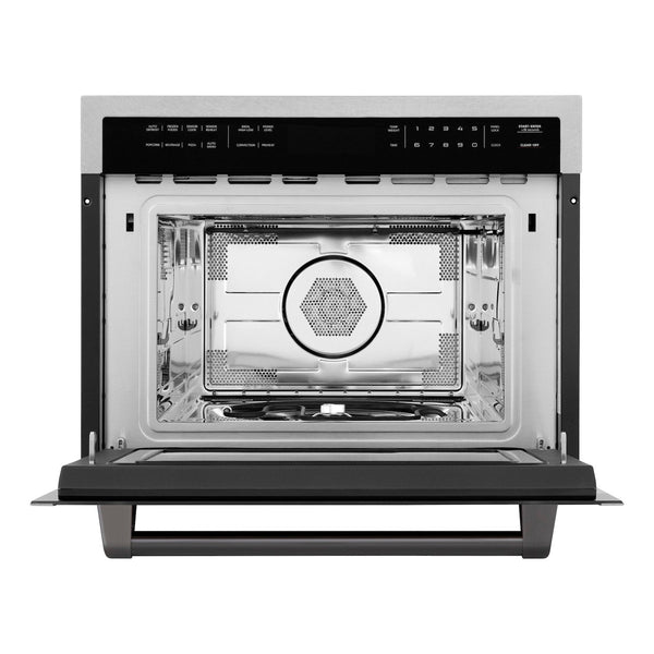 ZLINE Autograph Edition 24 in. 1.6 cu ft. Built-in Convection Microwave Oven in Fingerprint Resistant Stainless Steel with Matte Black Accents (MWOZ-24-SS-MB) front, door open.