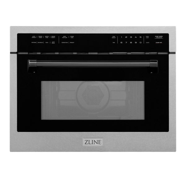 ZLINE Autograph Edition 24 in. 1.6 cu ft. Built-in Convection Microwave Oven in Fingerprint Resistant Stainless Steel with Matte Black Accents (MWOZ-24-SS-MB) front, closed.