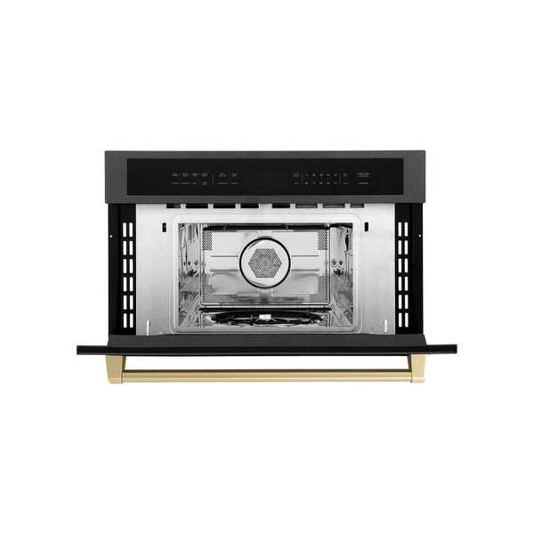 ZLINE Autograph Edition 30 in. 1.6 cu ft. Built-in Convection Microwave Oven in Black Stainless Steel with Champagne Bronze Accents (MWOZ-30-BS-CB) Front View Door Open