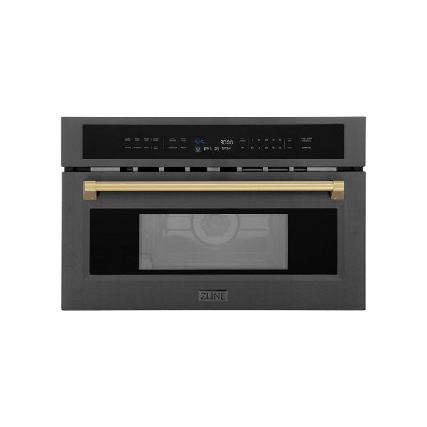 ZLINE Autograph Edition 30 in. 1.6 cu ft. Built-in Convection Microwave Oven in Black Stainless Steel with Champagne Bronze Accents (MWOZ-30-BS-CB) front.