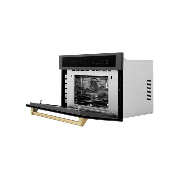 ZLINE Autograph Edition 30 in. 1.6 cu ft. Built-in Convection Microwave Oven in Black Stainless Steel with Champagne Bronze Accents (MWOZ-30-BS-CB) Side View Door Open