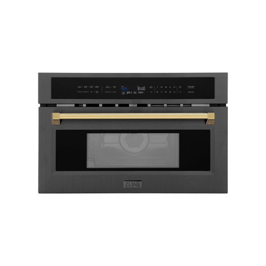 ZLINE Autograph Edition 30” 1.6 cu ft. Built-in Convection Microwave Oven in Black Stainless Steel and Polished Gold  Accents (MWOZ-30-BS-G)