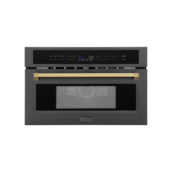 ZLINE Autograph Edition 30” 1.6 cu ft. Built-in Convection Microwave Oven in Black Stainless Steel and Polished Gold  Accents (MWOZ-30-BS-G)