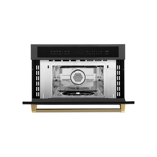 ZLINE Autograph Edition 30 in. 1.6 cu ft. Built-in Convection Microwave Oven in Black Stainless Steel and Polished Gold Helix Handle (MWOZ-30-BS-KG)