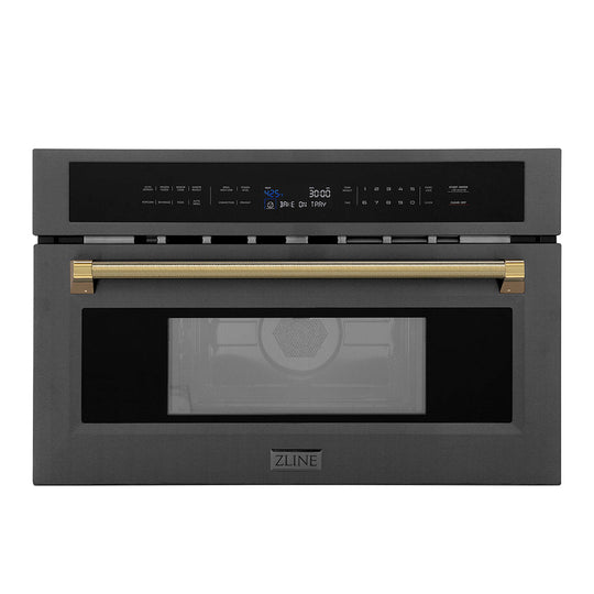 ZLINE Autograph Edition 30 in. 1.6 cu ft. Built-in Convection Microwave Oven in Black Stainless Steel and Polished Gold Helix Handle (MWOZ-30-BS-KG)