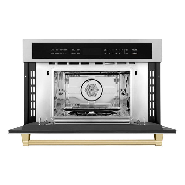 ZLINE Autograph Edition 30 in. 1.6 cu ft. Built-in Convection Microwave Oven in Stainless Steel with Champagne Bronze Accents (MWOZ-30-CB) Front View Door Open