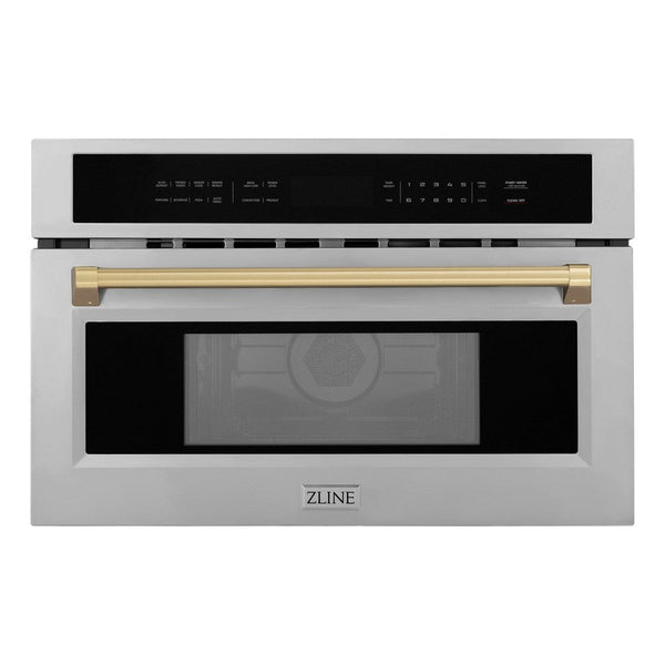 ZLINE Autograph Edition 30 in. 1.6 cu ft. Built-in Convection Microwave Oven in Stainless Steel with Champagne Bronze Accents (MWOZ-30-CB) front.