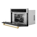 ZLINE Autograph Edition 30 in. 1.6 cu ft. Built-in Convection Microwave Oven in Stainless Steel with Champagne Bronze Accents (MWOZ-30-CB) Side View Door Open