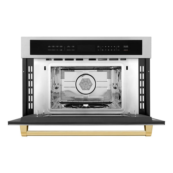 ZLINE Autograph Edition 30 in. 1.6 cu ft. Built-in Convection Microwave Oven in Stainless Steel with Gold Accents (MWOZ-30-G) Front View Door Open