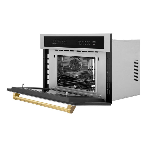 ZLINE Autograph Edition 30 in. 1.6 cu ft. Built-in Convection Microwave Oven in Stainless Steel with Gold Accents (MWOZ-30-G) Front View Door Open