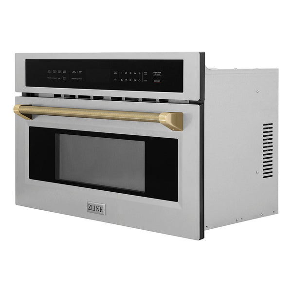 ZLINE Autograph Edition 30 in. 1.6 cu ft. Built-in Convection Microwave Oven in Stainless Steel and Champagne Bronze Helix Handle (MWOZ-30-KCB)
