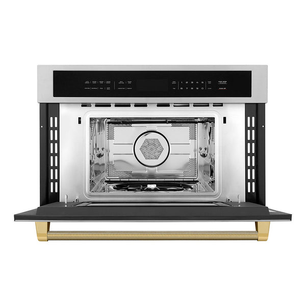 ZLINE Autograph Edition 30 in. 1.6 cu ft. Built-in Convection Microwave Oven in Stainless Steel and Polished Gold Helix Handle (MWOZ-30-KG)