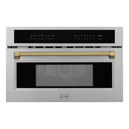 ZLINE Autograph Edition 30 in. 1.6 cu ft. Built-in Convection Microwave Oven in Stainless Steel and Polished Gold Helix Handle (MWOZ-30-KG)
