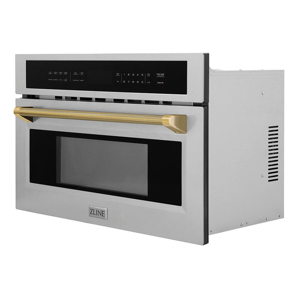 ZLINE Autograph Edition 30 in. 1.6 cu ft. Built-in Convection Microwave Oven in Stainless Steel and Polished Gold Helix Handle (MWOZ-30-KG)