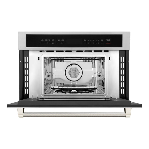 ZLINE Autograph Edition 30 in. 1.6 cu ft. Built-in Convection Microwave Oven in Stainless Steel and Polished Nickel Helix Handle (MWOZ-30-KPN)