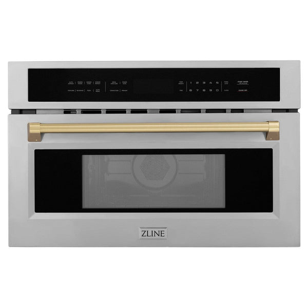 ZLINE Autograph Edition 30 in. 1.6 cu ft. Built-in Convection Microwave Oven in Fingerprint Resistant Stainless Steel with Champagne Bronze Accents (MWOZ-30-SS-CB) front, closed.