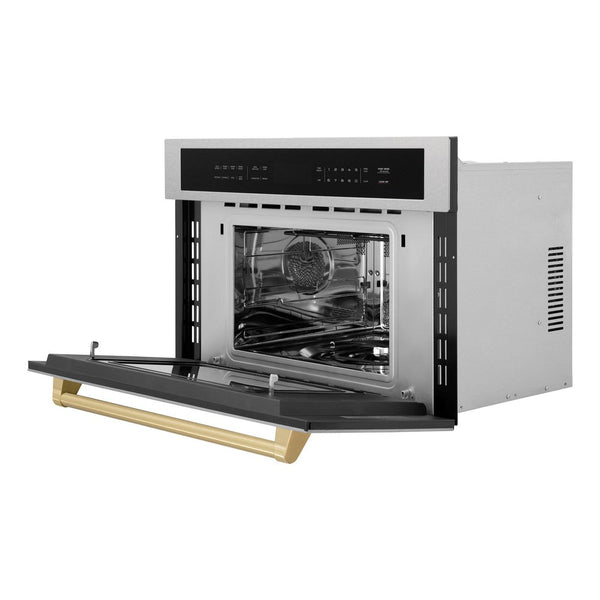 ZLINE Autograph Edition 30 in. 1.6 cu ft. Built-in Convection Microwave Oven in Fingerprint Resistant Stainless Steel with Champagne Bronze Accents (MWOZ-30-SS-CB) Side View Door Open