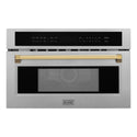 ZLINE Autograph Edition 30 in. 1.6 cu ft. Built-in Convection Microwave Oven in Fingerprint Resistant Stainless Steel with Polished Gold Accents (MWOZ-30-SS-G) front.