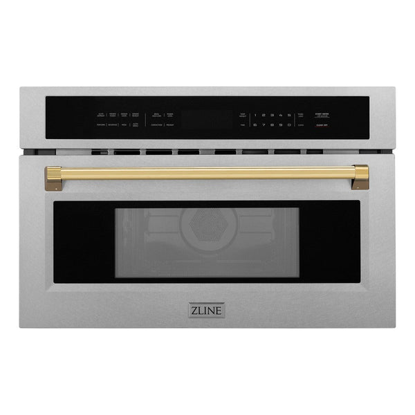 ZLINE Autograph Edition 30 in. 1.6 cu ft. Built-in Convection Microwave Oven in Fingerprint Resistant Stainless Steel with Polished Gold Accents (MWOZ-30-SS-G) front.