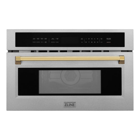 ZLINE Autograph Edition 30 in. 1.6 cu ft. Built-in Convection Microwave Oven in Satin Stainless Steel and Polished Gold Accents (MWOZ-30-SS-G)
