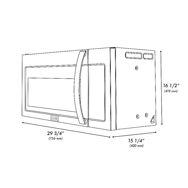 ZLINE Stainless Steel Over the Range Convection Microwave Oven with Modern Handle (MWO-OTR-30) dimensional diagram with measurements.