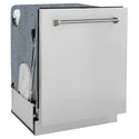 ZLINE Autograph Edition 24 in. Monument Series 3rd Rack Dishwasher with Auto Door Open Drying, 44dBa, Stainless Steel Panel with Polished Gold Helix Handle (DWMTZ-30424-KG)