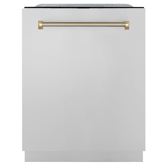 ZLINE Autograph Edition 24 in. Monument Series 3rd Rack Dishwasher with Auto Door Open Drying, 44dBa, Stainless Steel Panel with Polished Gold Handle (DWMTZ-304-24-G)