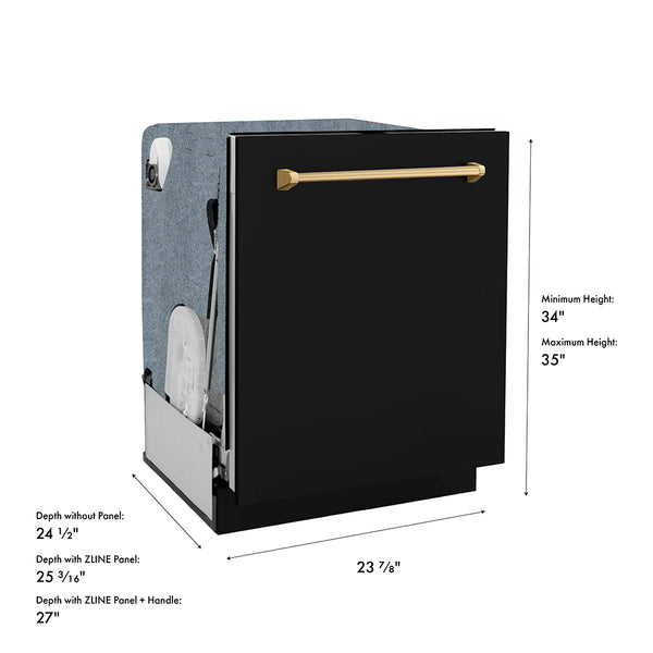 ZLINE Autograph Edition 24 in. Monument Series 3rd Rack Dishwasher with Auto Door Open Drying, 44dBa, Black Matte Panel with Champagne Bronze Handle (DWMTZ-BLM-24-CB)