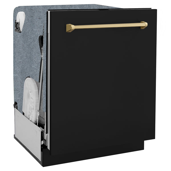 ZLINE Autograph Edition 24 in. Monument Series 3rd Rack Dishwasher with Auto Door Open Drying, 44dBa, Black Matte Panel with Champagne Bronze Handle (DWMTZ-BLM-24-CB)