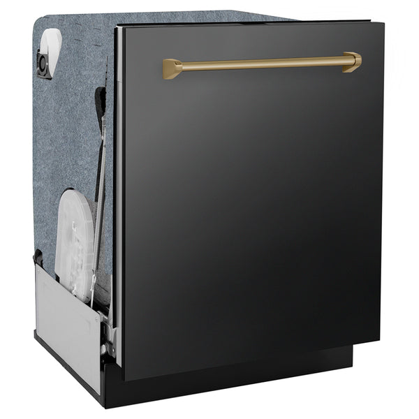 ZLINE Autograph Edition 24 in. Monument Series 3rd Rack Dishwasher with Auto Door Open Drying, 44dBa, Black Stainless Steel Panel with Champagne Bronze Handle (DWMTZ-BS-24-CB)