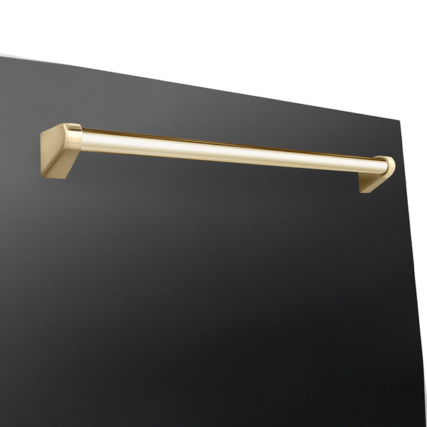 ZLINE Autograph Edition 24 in. Monument Series 3rd Rack Dishwasher with Auto Door Open Drying, 44dBa, Black Stainless Steel Panel with Polished Gold Handle (DWMTZ-BS-24-G)